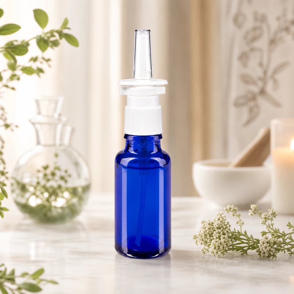 Apteekkipullo sininen 20ml nenäsumutinkorkki valkoinen std. Sininen 20 ml:n lääkelasi, jossa on valkoinen nenäsumutepumppu ja kirkas annostelusuutin, luonnonmaiseman edessä