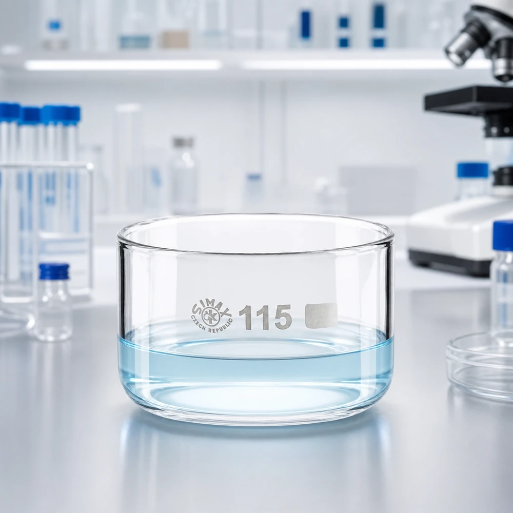 SIMAX-kiteytysastia (500 ml), joka on täytetty puhtaalla vedellä, mikroskoopin edessä modernissa laboratoriossa