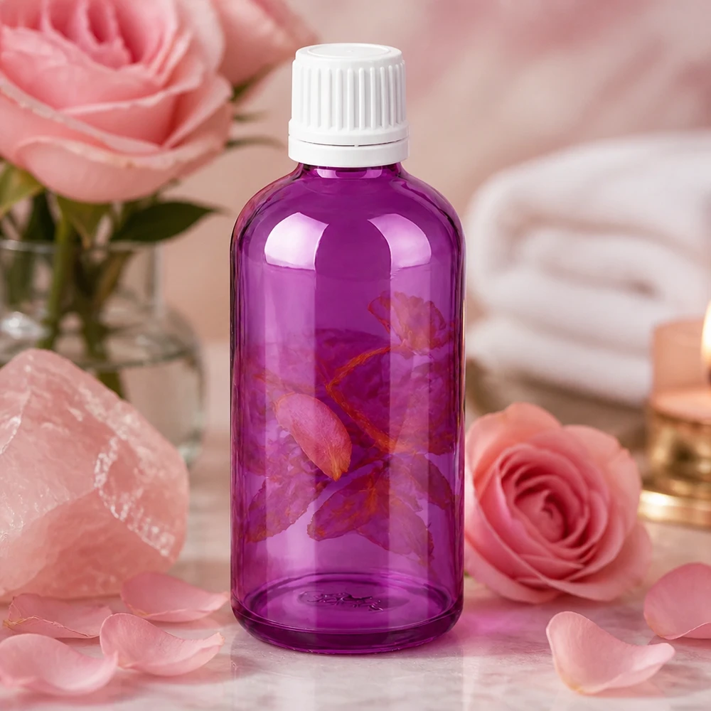 100ml pullo 11mm kierrekorkki valkoinen Alkuperäinen kierrekorkki PurpleLine UT18/100 Korkealaatuinen 100ml kosmetiikkapullo trendikkäässä violetissa värissä, jossa on turvallinen valkoinen korkki seerumeille.