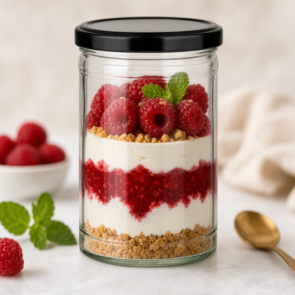 1053ml juomapullot, joissa on BasicSeal-kansi musta UNiTWIST 1053ml Sturzglas mit schwarzem Deckel als Dessertglas mit Himbeer-Schichtdessert und Keksboden dekoriert mit Minze