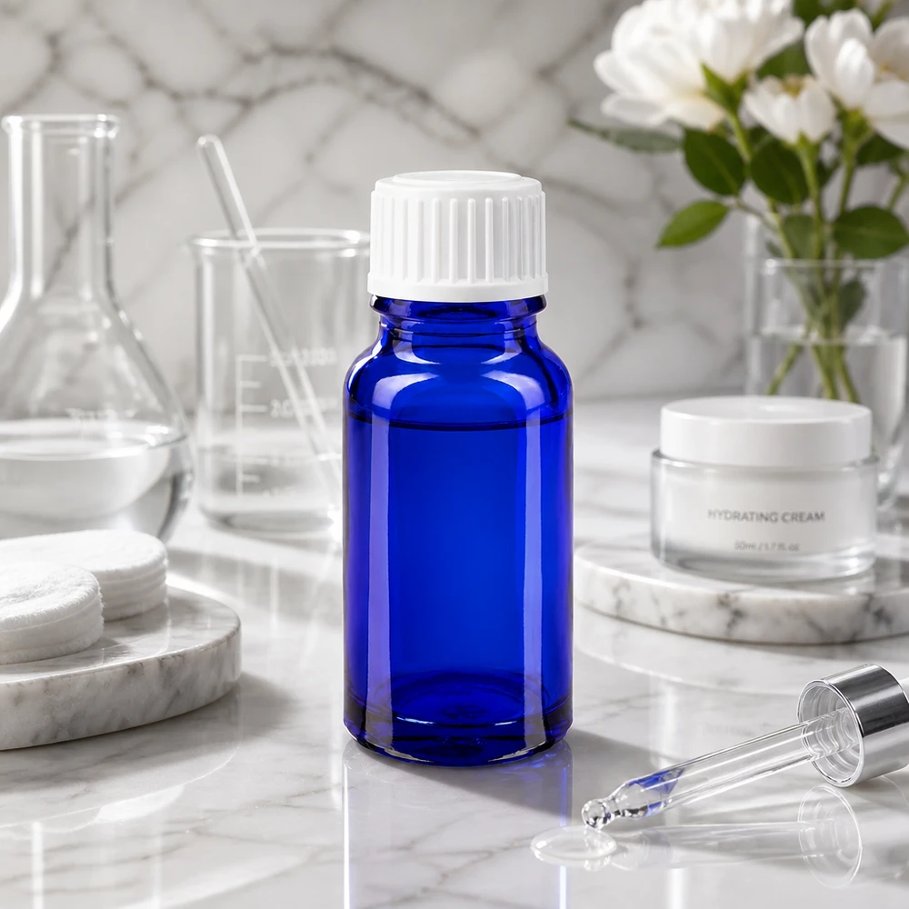 Apteekkipullo sininen 10ml ruuvikorkki valkoinen globen standardi Sininen 10 ml:n apteekkipullo, jossa on lapsiturvallinen valkoinen korkki, marmoripohjalla