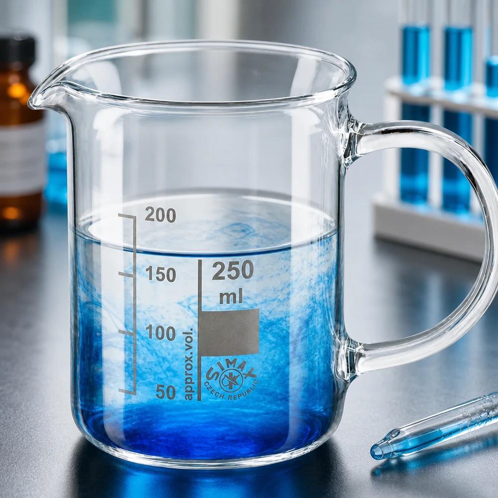 250 ml:n borosilikaattilasinen laboratoriomuki, jossa on kahva ja sininen liuos eri kerroksina