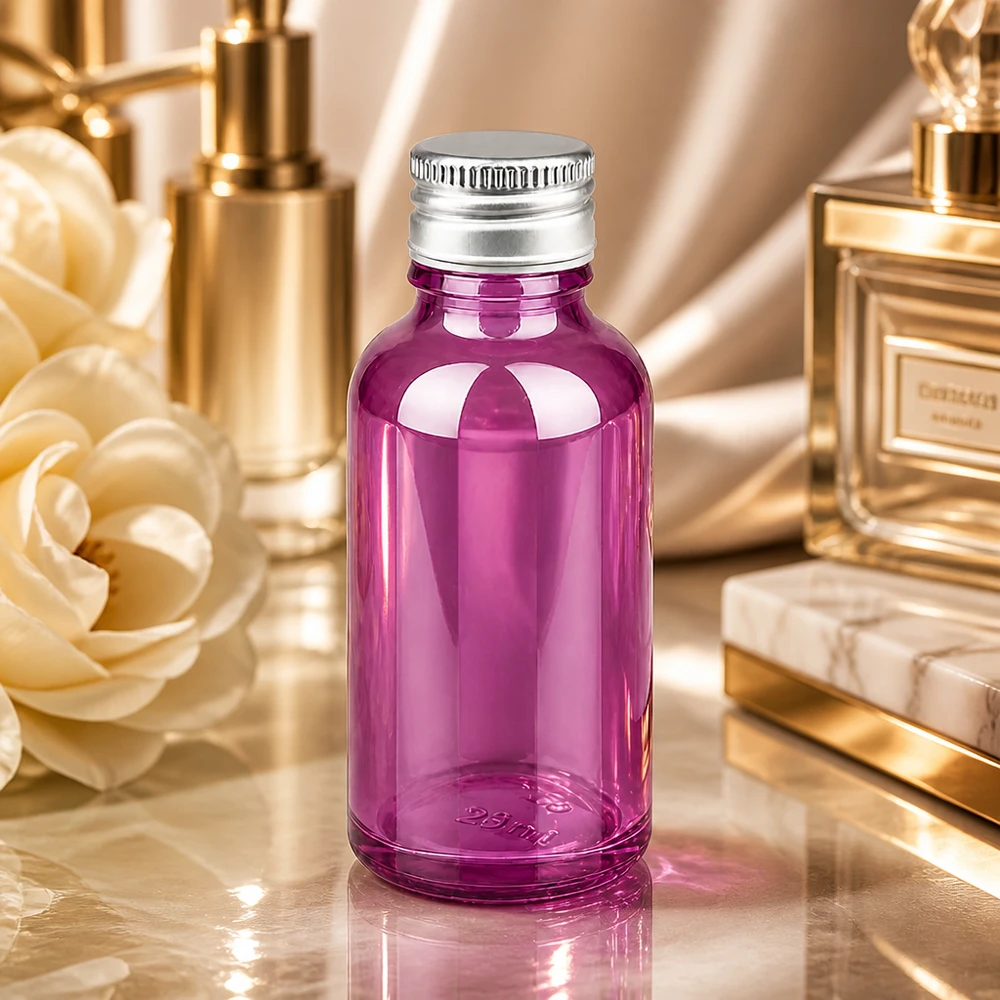 Laadukas 30ml violetti lasipullo, jossa on ensiluokkainen alumiinikorkki hajuvesille ja seerumeille.