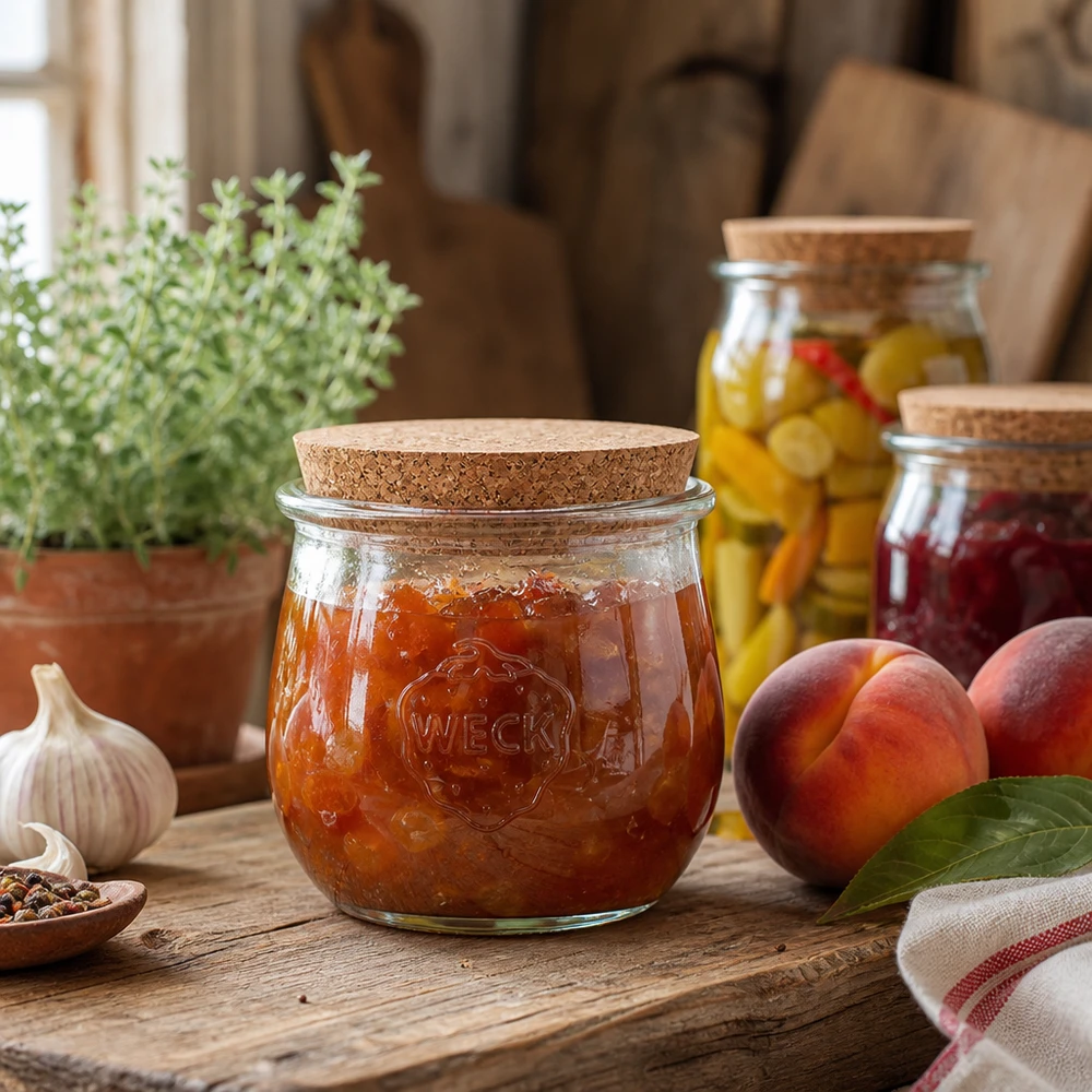 370ml tulppaanipurkki WECK RR80 korkilla luonnollinen WECK-säilöntätölkki 370ml korkkikannella, joka on täytetty hillolla maalaismaisessa keittiössä tuoreiden persikoiden vieressä.