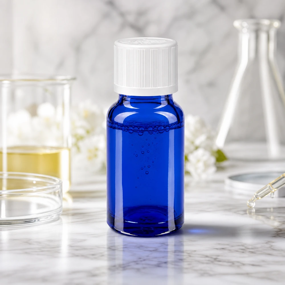 Apteekkipullo sininen 10ml kierrekorkki valkoinen lapsiturvallinen vakio Sininen 10 ml:n apteekkipullo, jossa on lapsiturvallinen korkki, laboratoriossa Erlenmeyer-pullojen välissä
