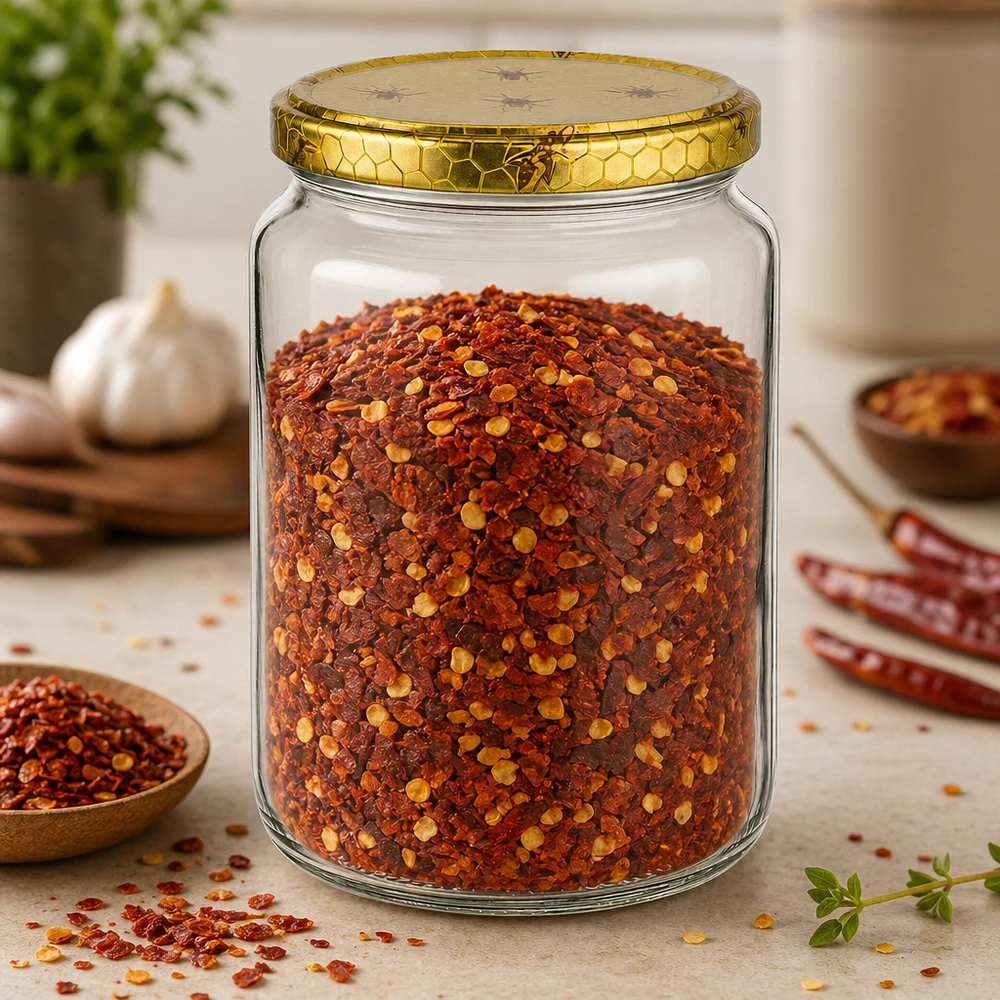 1000g hunajapurkki hunajakennokannella täynnä chilihiutaleita ja mausteita puupöydällä Keittiö Mehiläishoitotarvikkeet