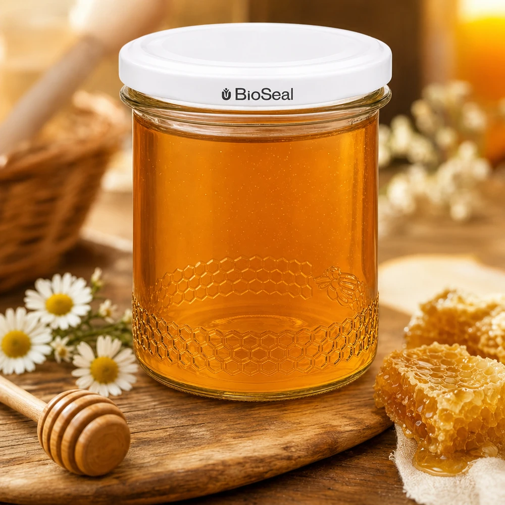 560g Honigglas + BioSeal Deckel weiß UNiTWIST 400ml hunajapurkki UNiTWIST täynnä hunajaa hunajakennon ja hunajamaljan vieressä osoittaa perinteistä mehiläishoidon tunnelmaa.