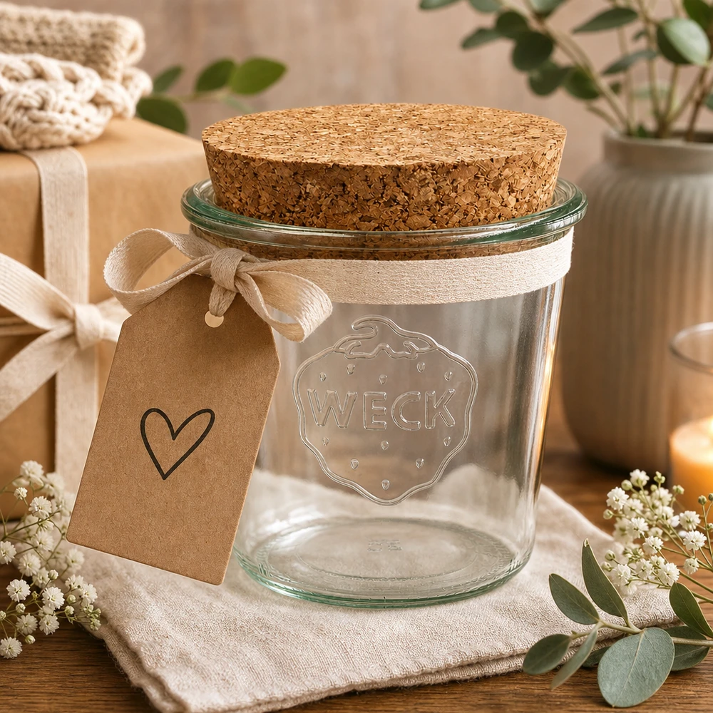 580ml tulppaanipullot WECK RR100 korkilla luonnollinen WECK 580ml RR100 tumblers lahjaidea sydän riipus ja rusetti järjestetty luonnollinen pöydän koristeluun