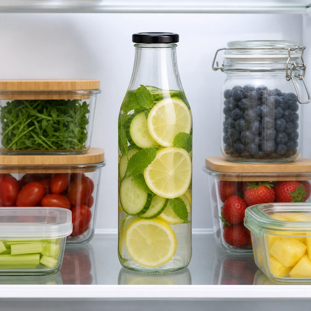 1000ml lasipullo + BasicSeal-kansi musta UNiTWIST 1000ml Glasflasche mit Gurken-Zitronen-Infused-Water im Kühlschrank zwischen frischem Obst und Gemüse