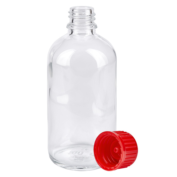 100ml pullo 11mm kierrekorkki punainen Standard ClearLine UT18/100 100 ml:n kirkaslasipullo, jossa on punainen kierrekorkki (11 mm), ClearLine UT18/100, tyhjä