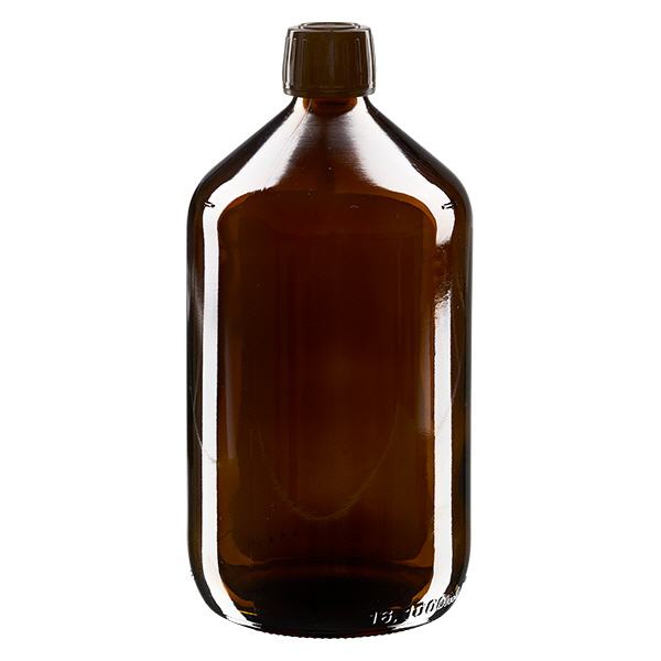 1000ml lääkepullo ruskea, korkki ruskea, jossa on väärentämisen estävä rengas ApoGlas