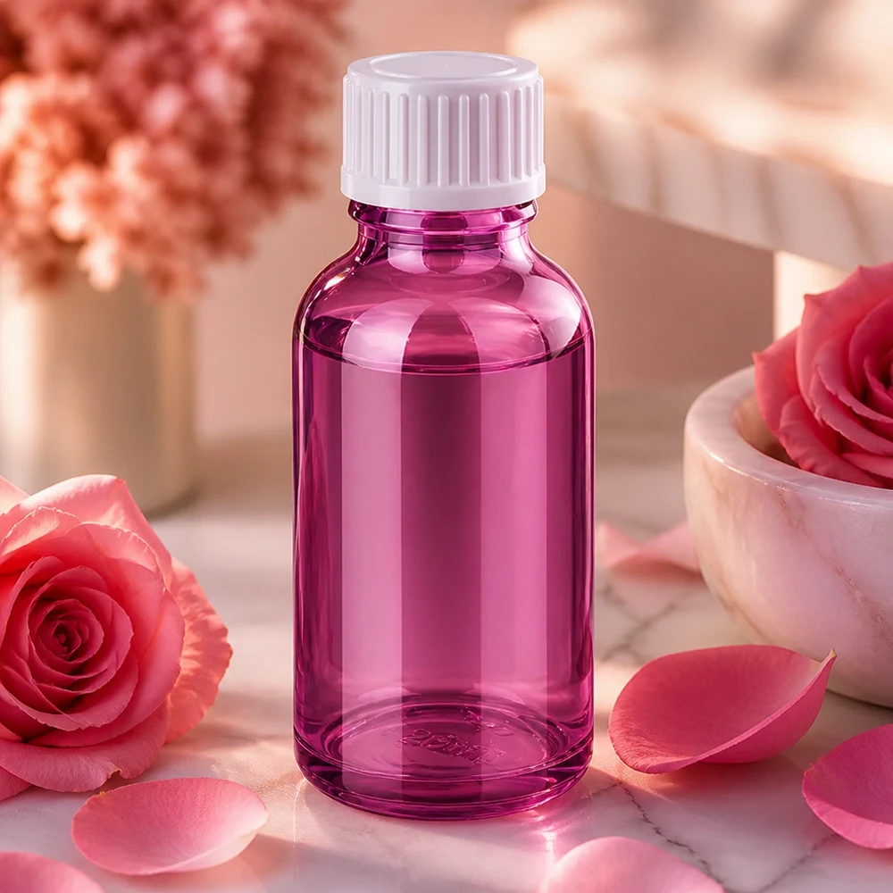 Pienikokoinen 30ml lasipullo violetilla tiputuskorkilla DIY-kosmetiikkaan ja seerumeihin.