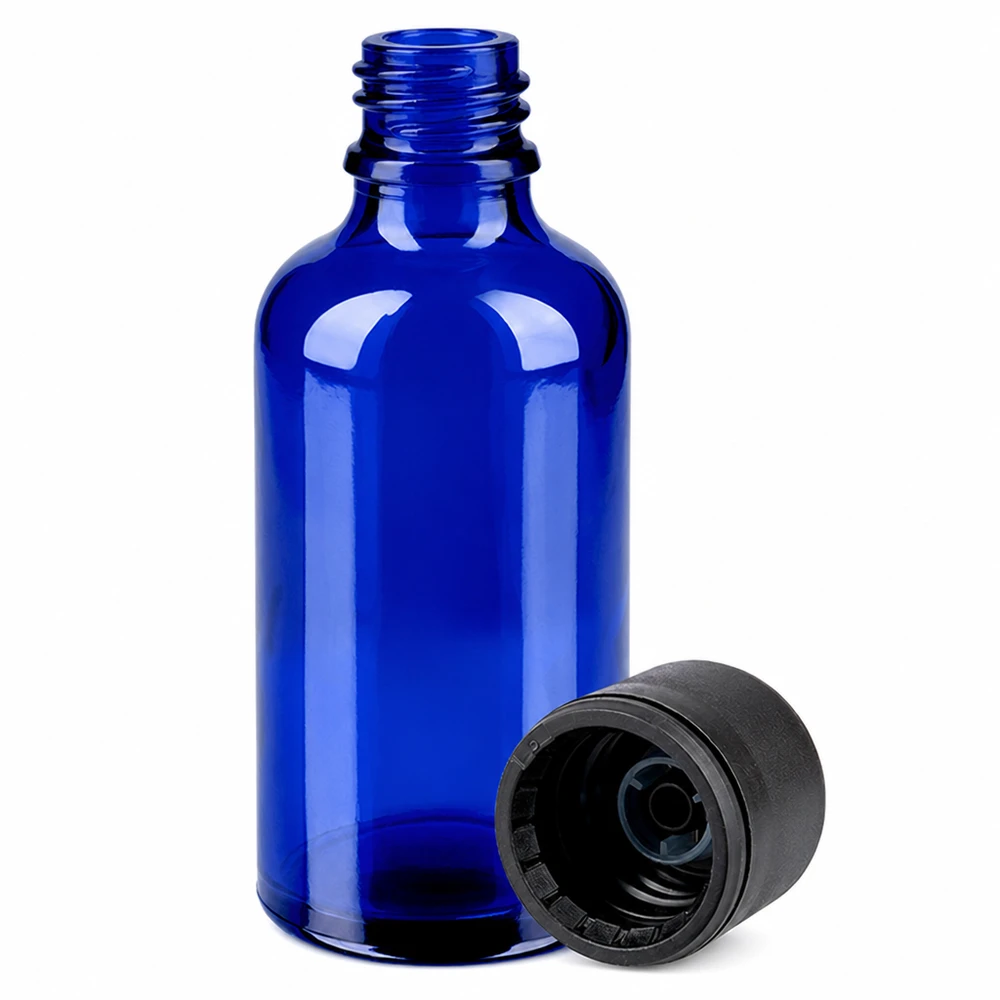 50ml apteekkipullo sinisestä lasista, jossa on kierrekorkki aromaterapiaan ja luonnonkosmetiikkaan.