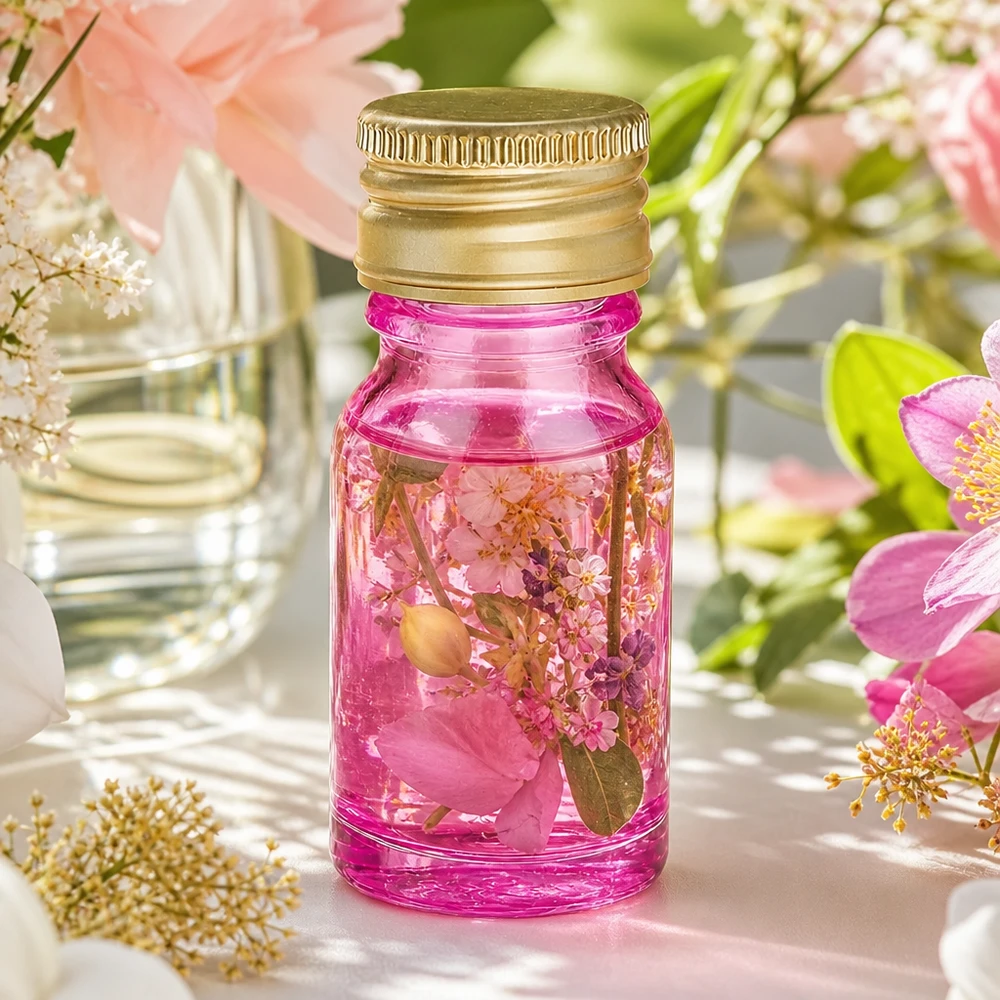 Koristeellinen 10ml pullo violetilla kultaisella alumiinikorkilla DIY kosmetiikkaan ja luonnonkosmetiikkaan.