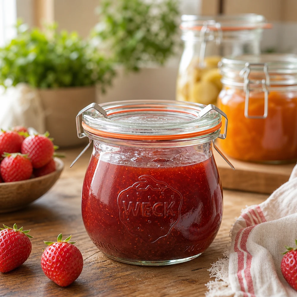 75ml tulppaanipurkki täydellinen WECK RR40 WECK tulppaanipurkki 75ml täynnä mansikkahilloa maalaismaisessa keittiössä, jossa on tuoreita mansikoita ja hillopurkkeja.