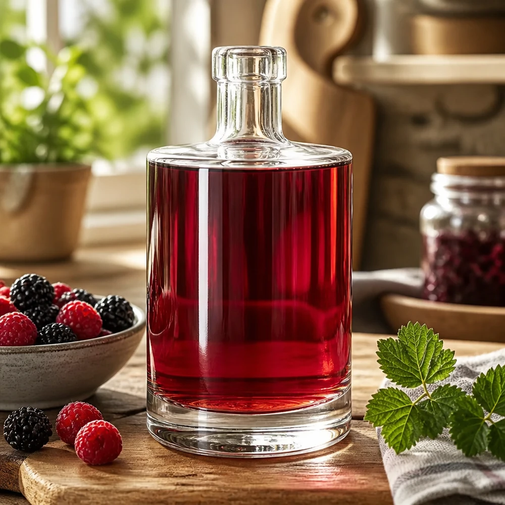 500ml Glasflasche "Galileo" ohne Verschluss UNiTWIST® 500ml Glasflasche Marie gefüllt mit rotem Beerenlikör umgeben von frischen Himbeeren und Brombeeren als Dekoidee