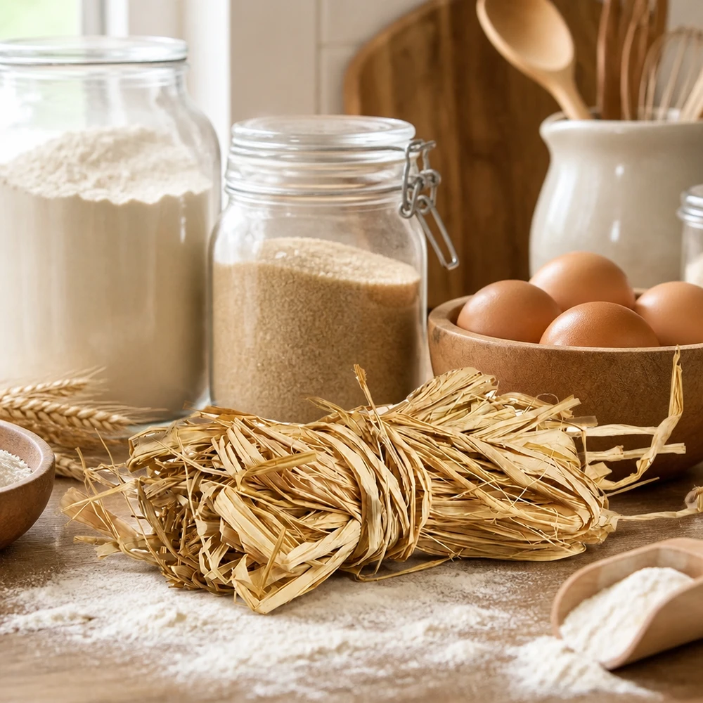 Luonnon raffia 30g kultainen beige keittiövälineenä pastanippujen valmistukseen munien ja jauhojen ohella osoittaa perinteisen käytön.