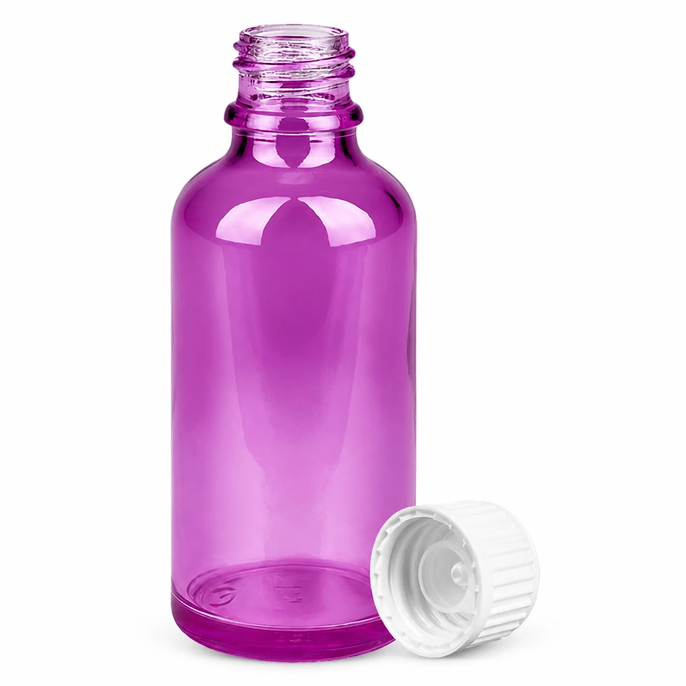Violetti 50ml lasipullo valkoisella korkilla eteerisille öljyille ja seerumeille.