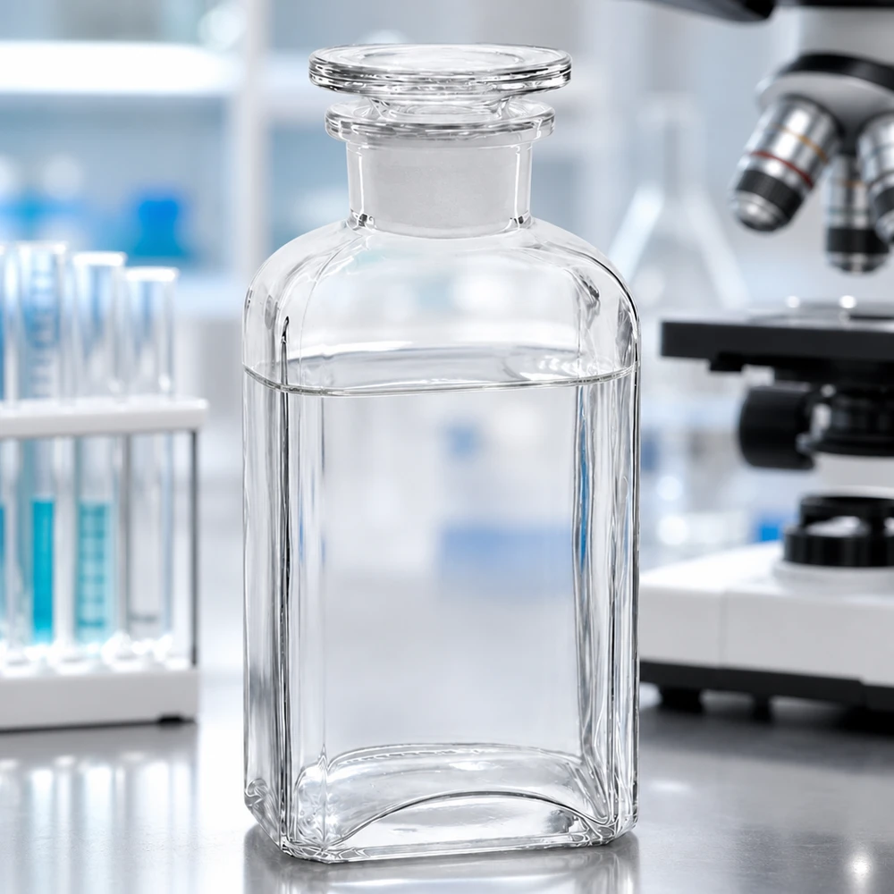 Nelikulmainen pullo 250ml kirkas leveäkaulainen lasitulppa 250 ml:n neliömäinen, kirkaslasinen, leveäkaulainen pullo, jossa on lasitulppa, laboratoriopöydällä mikroskoopin vieressä