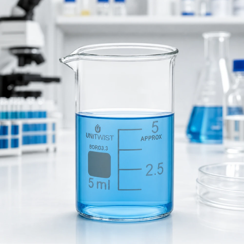 UNiTWIST 5 ml:n borosilikaattilasi, matala malli, jossa on sinistä nestettä laboratoriossa