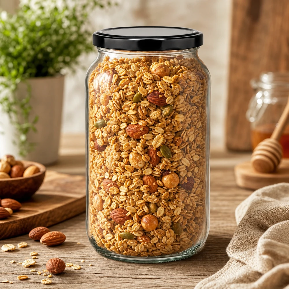 1062ml pyöreä purkki täynnä mysliä ja pähkinöitä - suuri säilytyspurkki mustalla kannella kuiville elintarvikkeille.