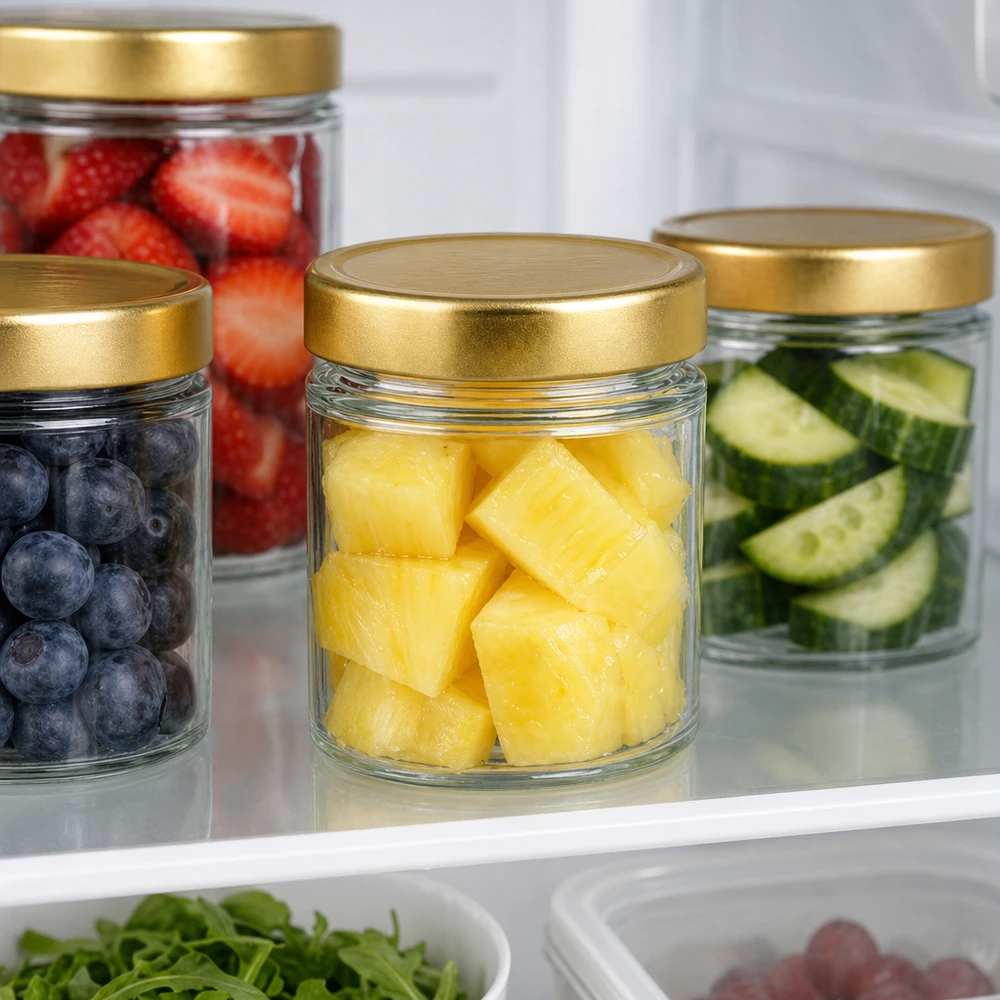 154ml pyöreä purkki, jossa on BasicSeal-kansi kultainen syvä UNiTWIST 154ml Rundglas BasicSeal gold im Kühlschrank mit Obst Ananas Beeren Gurken frische Lebensmittel Meal Prep Aufbewahrung