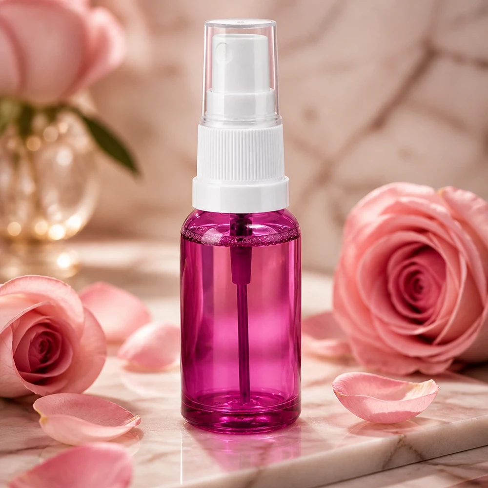 Pieni 20 ml:n suihkepullo, violetti ja valkoinen sumutin matkalle ja matkoille.