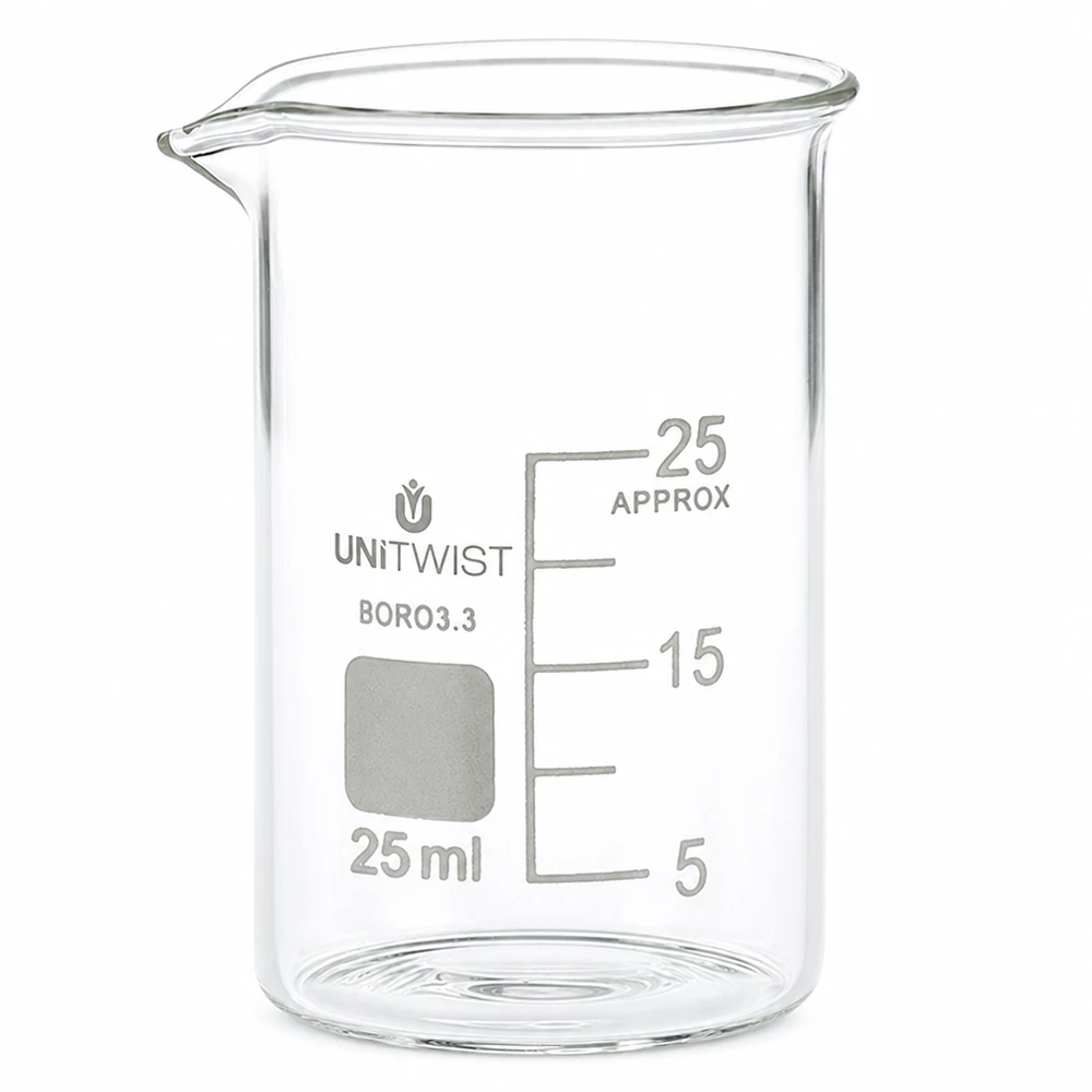 25 ml:n dekantterilasi, borosilikaattia, matala muotti UNiTWIST UNiTWISTin matalaprofiilinen 25 ml:n borosilikaattilasimuki, jossa on millilitruskaala