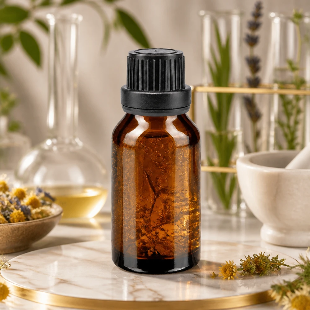 Apteekkipullo ruskea 15ml tiputuskorkki valurengas 2mm musta peukaloinnin estävä sulkeminen. 15 ml:n ruskealasi-pullo, jossa on musta alkuperäinen korkki, marmorilla lääkekasvien ja laboratoriovälineiden keskellä