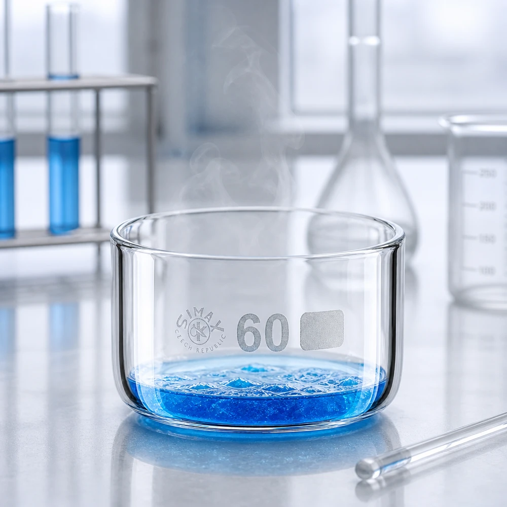 Simax-kiteytysastia (60 ml), jossa on sinistä nestettä ja nousevaa höyryä laboratoriossa