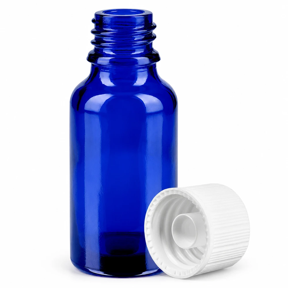20ml pullo 11mm kierrekorkki valkoinen standardi BlueLine UT18/20 BlueLine UT18/20 Sininen apteekkipullo 20ml, jossa on kierre ja valkoinen korkki tippoja ja tinktuureja varten.
