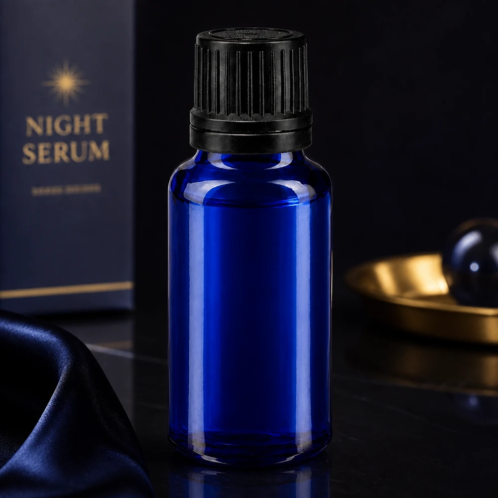Apteekkipullo sininen 20ml tippapullon korkki kaatamalla rengas 1mm musta peukaloinnin estävä sulkeminen Koboltinsininen 20 ml:n tiputuspullo, jossa on musta OV-korkki, seerumille ja eteerisille öljyille