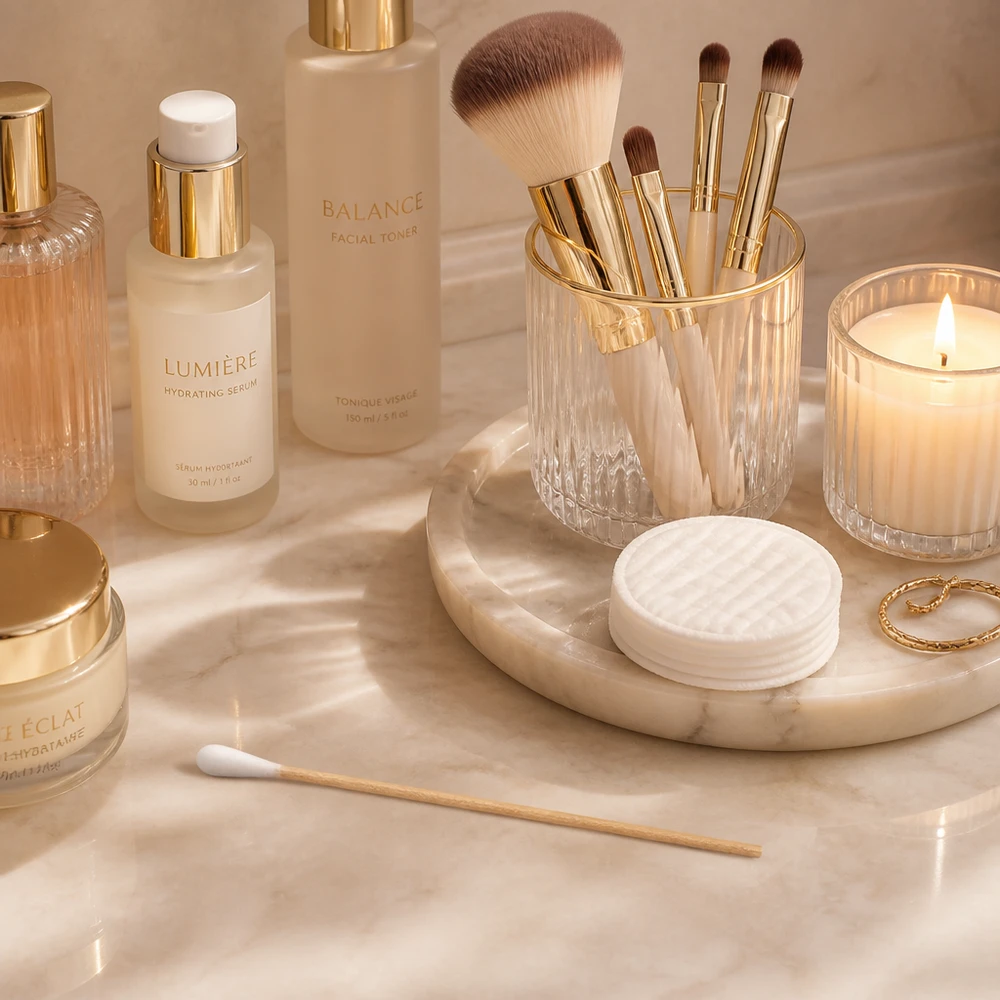 Pumpulipuikot UNSTERIL Steriloimattomat puuvillapuikot, joissa on puukahva, marmorisella alustalla Lumière Hydrating Serumin ja Balance Facial Tonerin vieressä