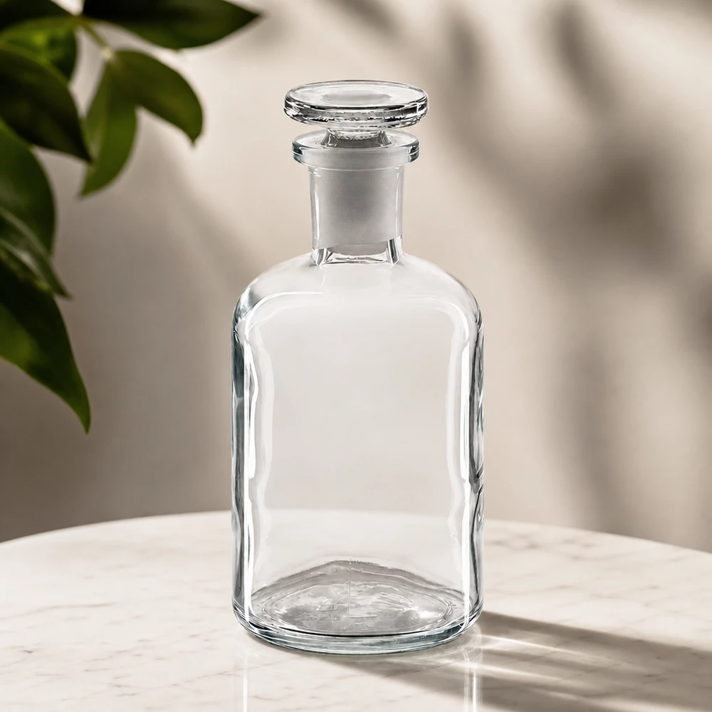Pyöreä olkapääpullo 100ml kirkas kapeakaulainen lasitulppa Pyöreäolkapullopullo, 100 ml, kirkasta lasia, kapeakaulainen, pyöreällä lasitulpalla, marmorialustalla