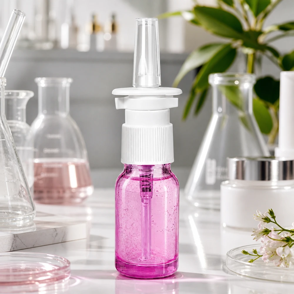10ml nenäsumutinpullo valkoinen/läpinäkyvä standardi PurpleLine. UT18/10 Pieni 10 ml:n nenäsumutepullo läpinäkyvässä violetissa värissä, jossa on käytännöllinen suihkutuslisälaite liikkeellä oloa varten.