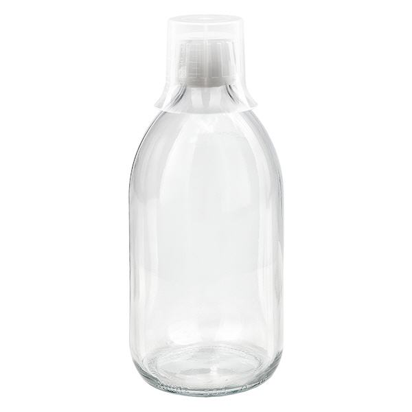 500ml lääkepullo kirkas, väärentämisen estävä korkki, jossa annostelukuppi 30ml ApoGlas