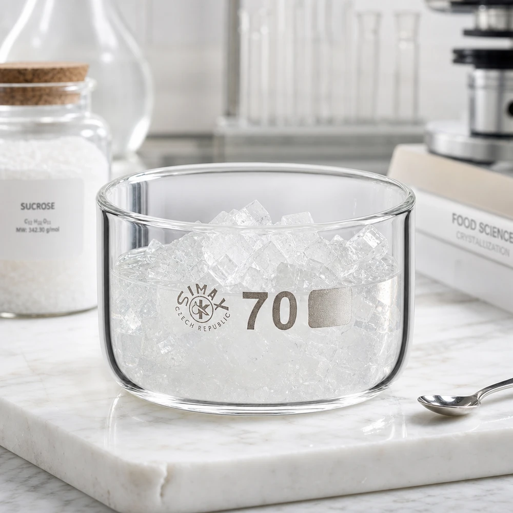 100ml kiteytysastia ilman kantta borosilikaatti ø70mm Litteä, sylinterimäinen lasikulho, halkaisija 70 mm, täynnä sokerikiteitä, sakkaroosilasikupin vieressä