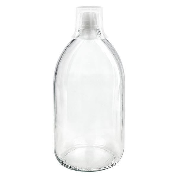 1000ml lääkepullo kirkas, korkki väärentämisen varalta, annostelukupilla 30ml ApoGlas 1000ml lääkepullo kirkas, korkki väärentämisen varalta, annostelukupilla 30ml ApoGlas