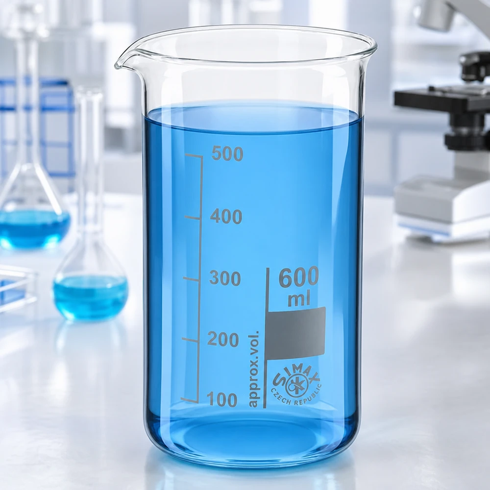 600 ml borosilikaattilasi, korkea muotoinen juomalasi Läpinäkyvä 600 ml:n laboratoriomuki, korkea malli, jossa on sinistä nestettä valkoisella laboratoriopöydällä