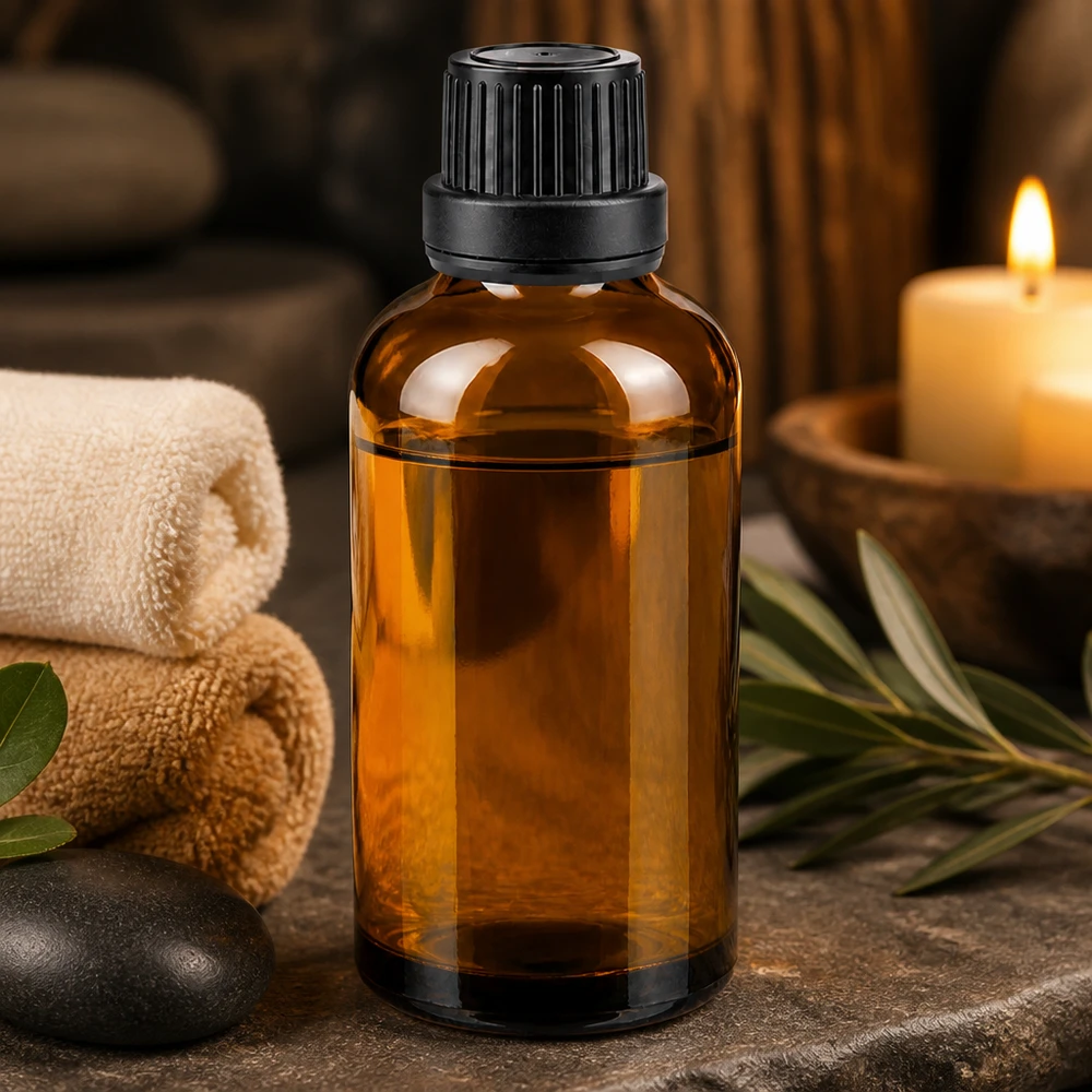 Ruskea 50 ml:n apteekkipullo, jossa on musta turvakorkki, luonnonkiven päällä wellness-tarvikkeiden vieressä