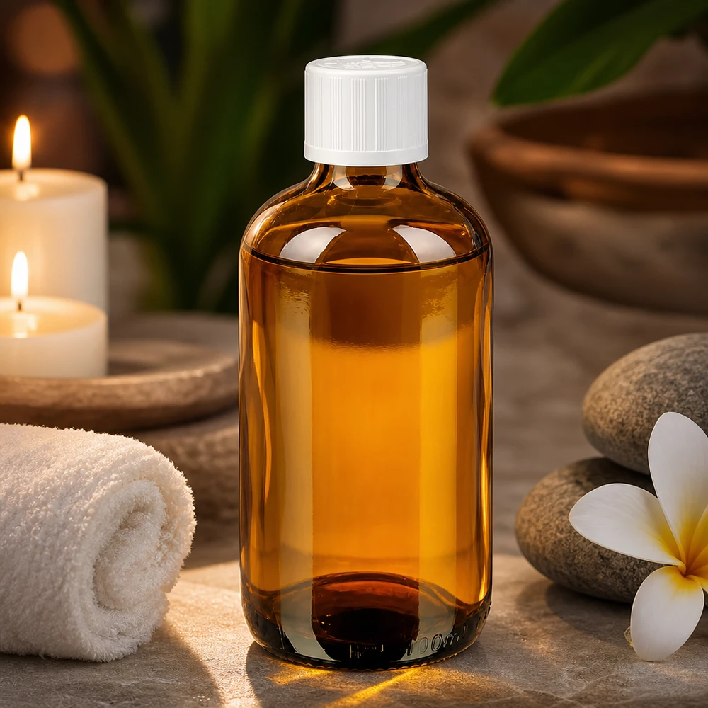 100 ml:n ruskealasi pullo, valkoinen lapsiturvallinen korkki, hierontaöljy, Wellness Spa Ambiente