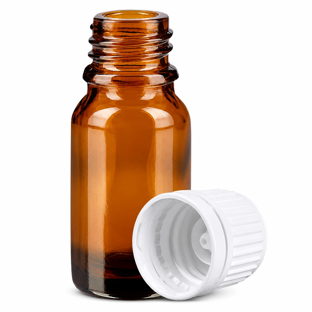 Ruskea 10ml tippapullo lasista, jossa on UV-suoja ja lapsiturvallinen korkki.