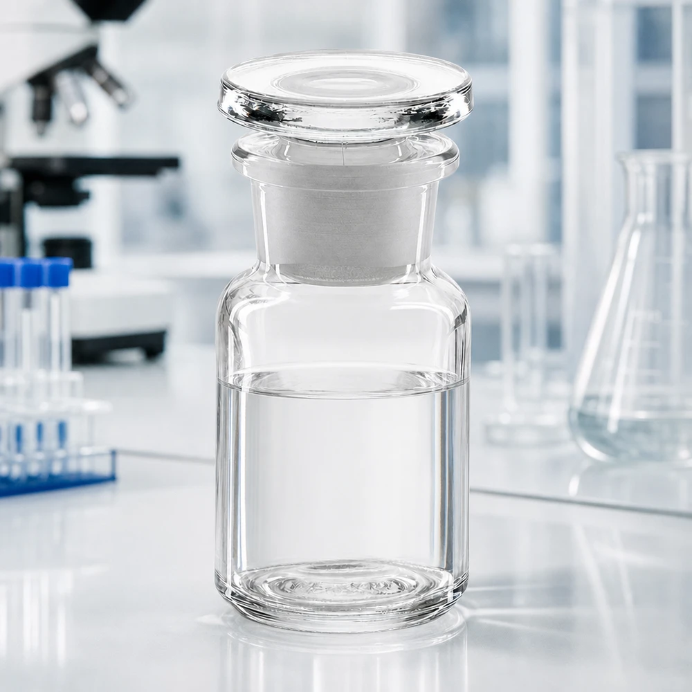 Pyöreä olkapääpullo 50ml kirkas leveäkaulainen lasitulppa Pyöreäolkapullon 50 ml, kirkas, leveäkaulainen ja lasitulpalla varustettu, valkoisella laboratoriopöydällä