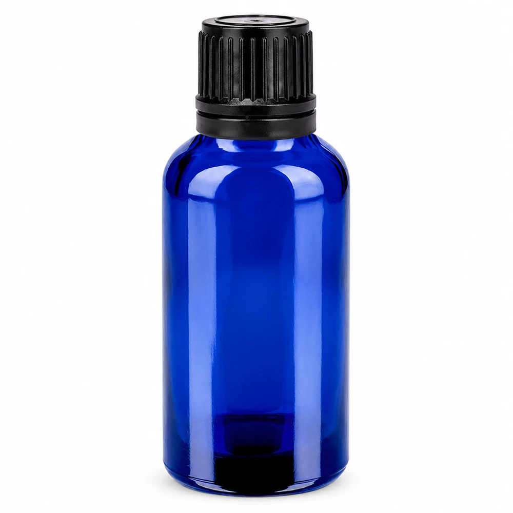 30ml pullo 11mm kierrekorkki musta väärentämisen estävä korkki BlueLine UT18/30 30ml sininen lasipullo mustalla korkilla eteerisille öljyille ja kosmetiikalle.