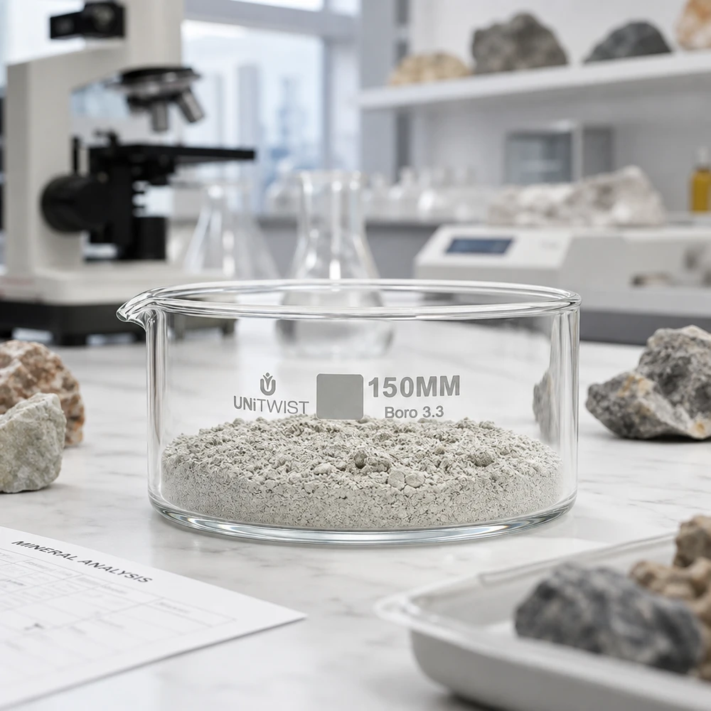 Kiteytysastia ø150mm borosilikaattilasi UNiTWIST UNiTWIST 150 mm:n UNiTWIST Boro 3.3 -kristallisaatioastia, jossa on harmaata mineraalijauhetta laboratoriossa suoritettavassa mineraalianalyysissä