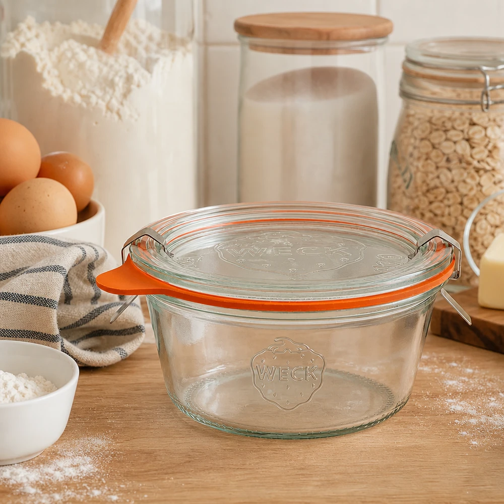 290ml tumppupurkki matala täydellinen WECK RR100 WECK Sturzglas 290ml RR100 in moderner Küche mit Backzutaten zeigt praktische Aufbewahrung und edles Design