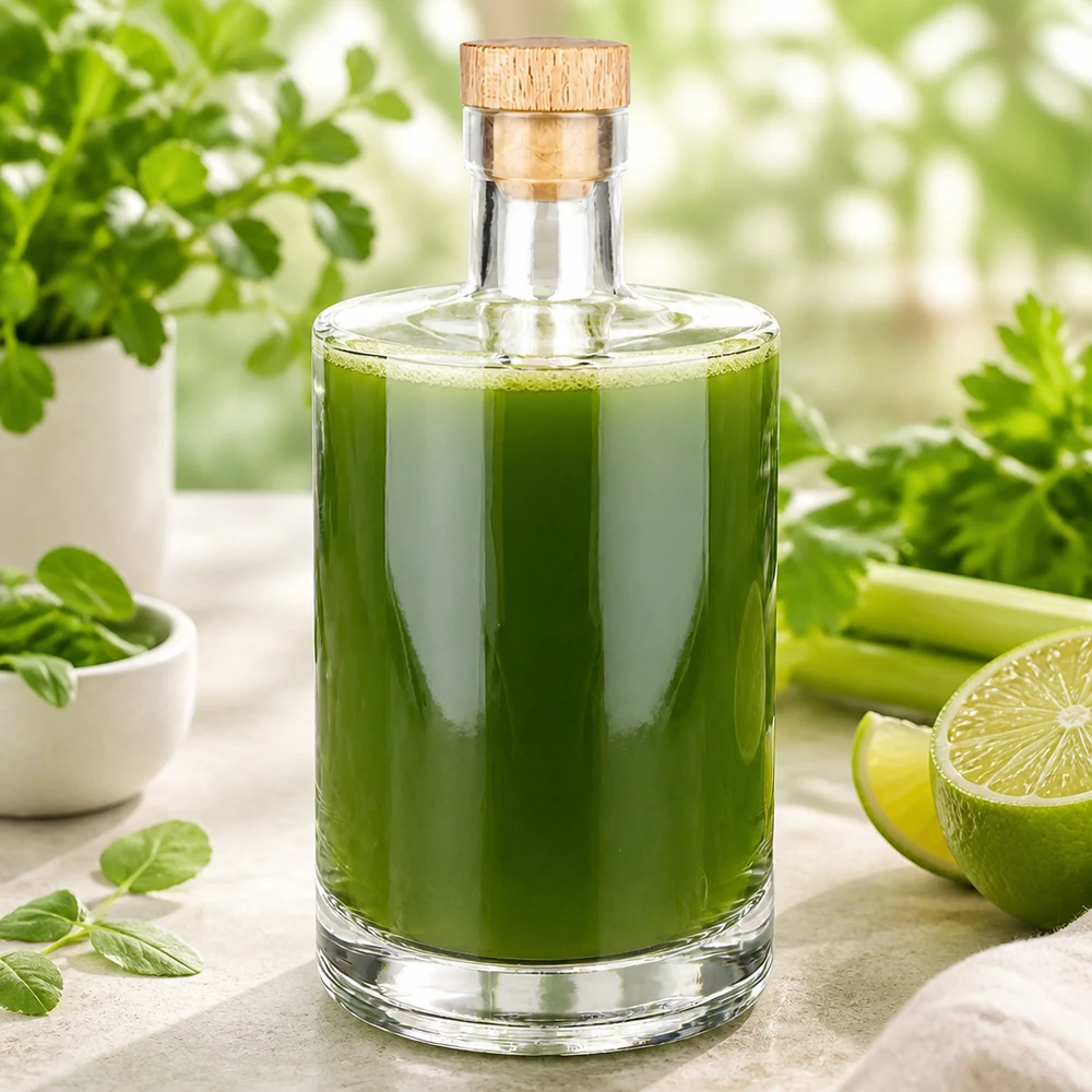700ml Glasflasche Marie mit grünem Smoothie befüllt neben frischen Kräutern und Limetten in heller Küche