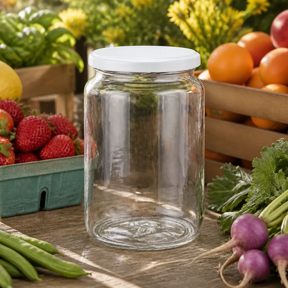 795ml pyöreä purkki BasicSeal-kannella valkoinen UNiTWIST Klares 795ml Rundglas mit weißem Deckel inmitten von frischem Obst und Gemüse - perfekt für Marmelade und Eingemachtes