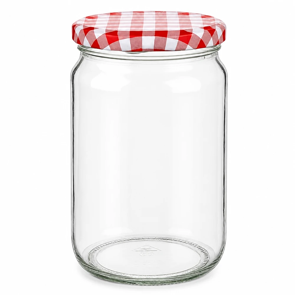 795ml pyöreä purkki, jossa on punavalkoinen ruutukuvioitu BasicSeal-kansi, tyhjä säilöntätölkki säilöntään ja säilytykseen.