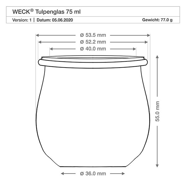 75ml tulppaanipurkki WECK RR40 korkilla luonnonmukainen Tekninen piirustus WECK tulppaanipurkki 75ml RR40, mitat Halkaisija Korkeus Paino Tuoteseloste